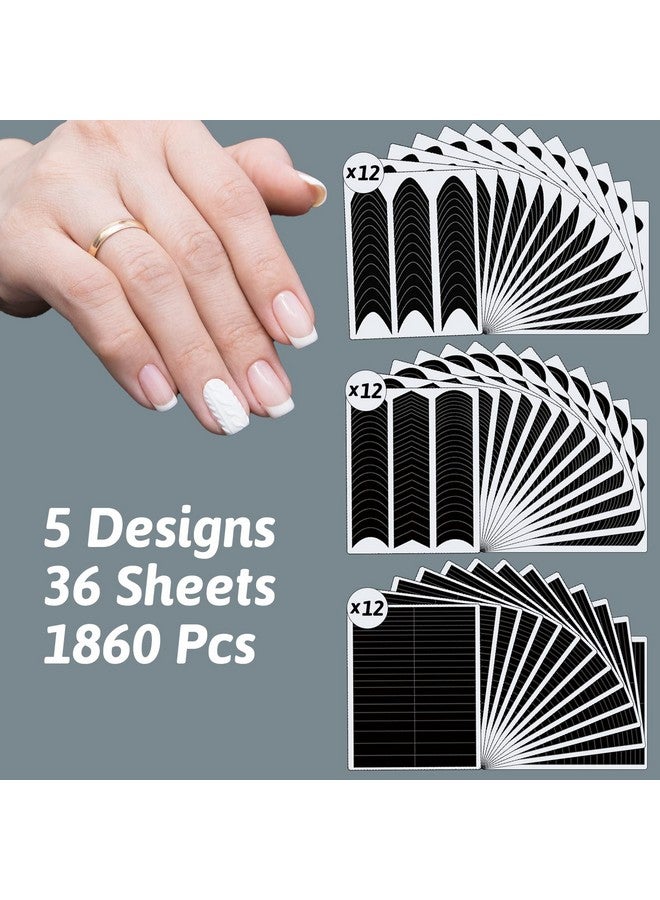 1860 Pcs French Tip Nail Guides Selfadhesive French Vshaped Moon Shaped Manicure Strip Stickers For Edge Auxiliary Black Diy Decoration Stencil Tools(5 Designs 36 Sheets)