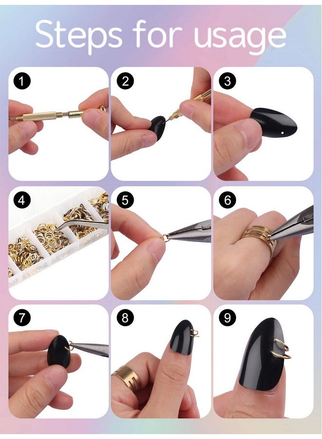 1014 Pcs Nail Art Dangle Charms Piercing Tool Hand Drill Torokom 6 Sizes 4 Colors Open Jump Rings For Jewelry Making With Jump Ring Opener Nail Charms Nail Jewelry Rings With Pliers And Tweezers
