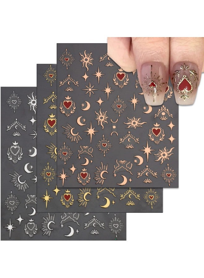 Valentine'S Day Star Moon Nail Stickers Selfadhesive Golden Heart Nail Art Decals For Diy Nail Decorations (3 Sheets)