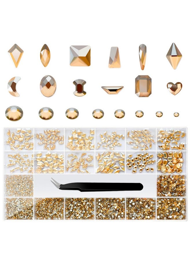 Nail Rhinestones Set Multi Shapes Champagne Gold Rhinestones For Nails Mixed Size Nail Charms Flatback Nail Jewels Rhinestones With Wax Pencil And Tweezers Storage In Rinestones Set Box