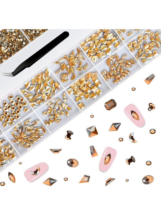 Nail Rhinestones Set Multi Shapes Champagne Gold Rhinestones For Nails Mixed Size Nail Charms Flatback Nail Jewels Rhinestones With Wax Pencil And Tweezers Storage In Rinestones Set Box