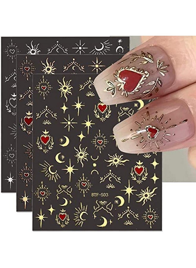 6 Sheets Sun Star Nail Art Stickers Bronzing Moon Nail Decals 3D Selfadhesive Heart Nail Stickers Rose Gold Sliver Starlight Moon Star Nail Designs Sticker For Women Diy Acrylic Nail Art Supplies