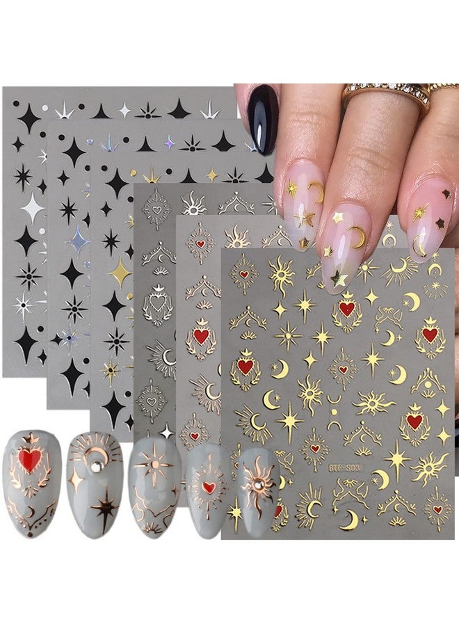6 Sheets Sun Star Nail Art Stickers Bronzing Moon Nail Decals 3D Selfadhesive Heart Nail Stickers Rose Gold Sliver Starlight Moon Star Nail Designs Sticker For Women Diy Acrylic Nail Art Supplies