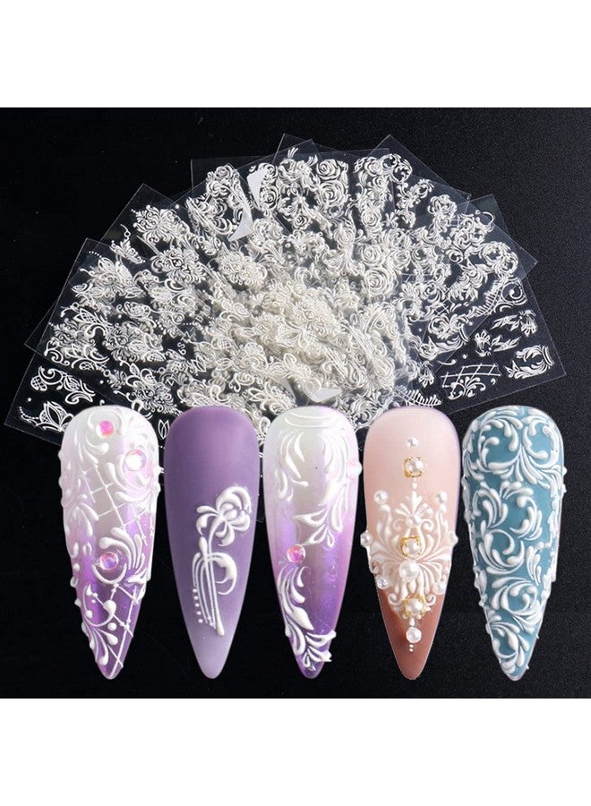 French Nail Art Sticker Decals 5D Embossed French Pattern Roses White Nail Art Accessories Selfadhesive Nail Art Supplies Decoration Retro Classic Acrylic Nails Design 8 Sheets