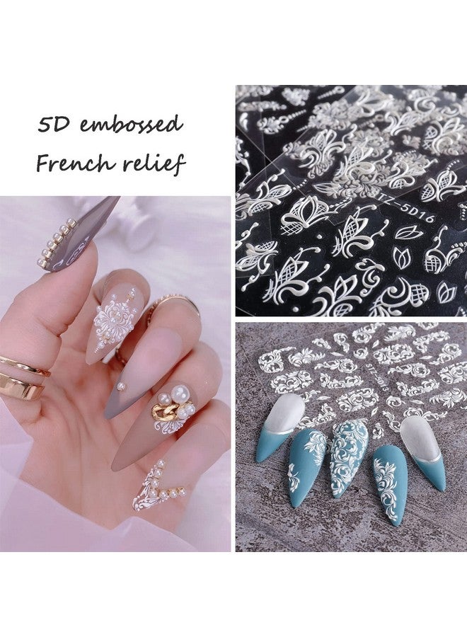 French Nail Art Sticker Decals 5D Embossed French Pattern Roses White Nail Art Accessories Selfadhesive Nail Art Supplies Decoration Retro Classic Acrylic Nails Design 8 Sheets