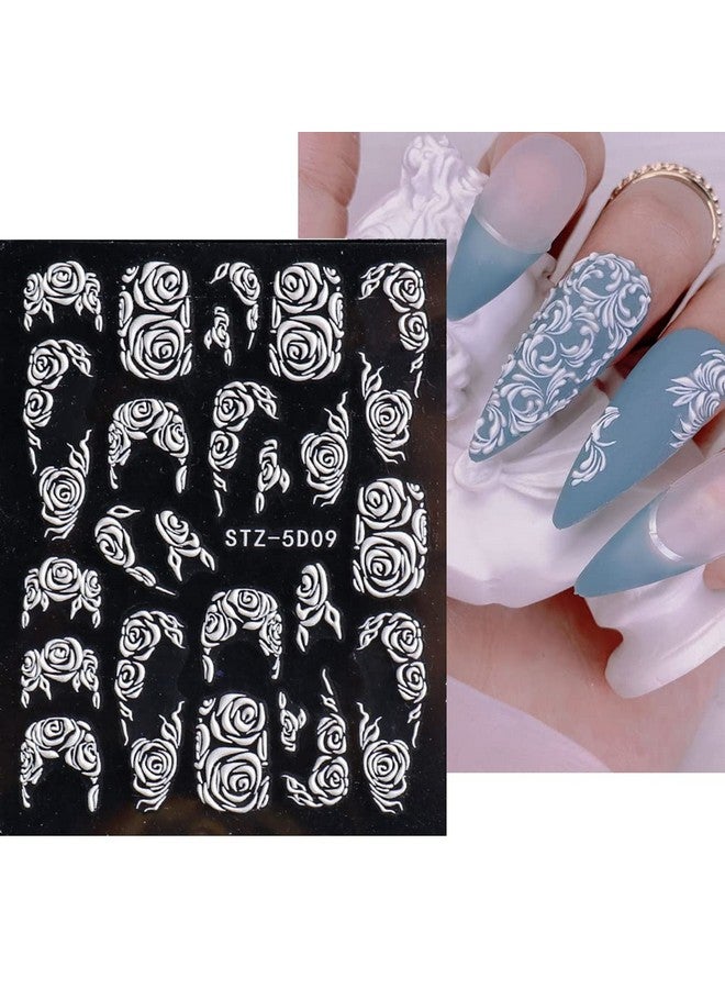 French Nail Art Sticker Decals 5D Embossed French Pattern Roses White Nail Art Accessories Selfadhesive Nail Art Supplies Decoration Retro Classic Acrylic Nails Design 8 Sheets