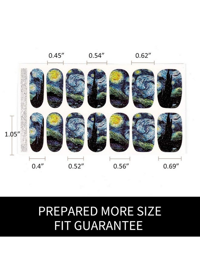 3D Van Gogh'S Starry Night Fullnail Stickers Full Nail Starry Sky Art Gel Nail Polish Sticker Decals Shimmery Glittery Long Lasting Easy To Apply & Remove 2 Sheets(28 Nail Wraps) And 1 Nail File