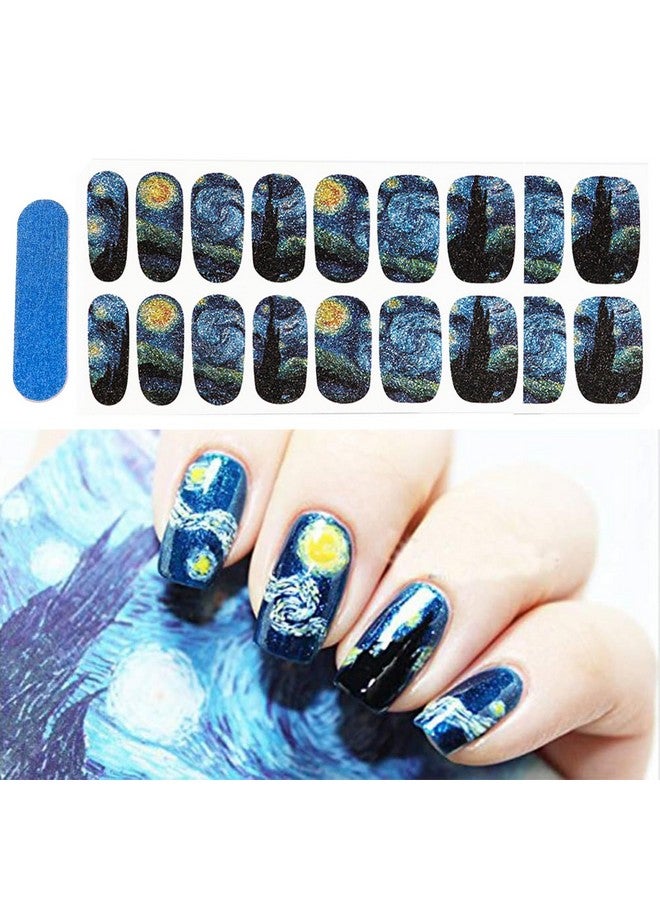 3D Van Gogh'S Starry Night Fullnail Stickers Full Nail Starry Sky Art Gel Nail Polish Sticker Decals Shimmery Glittery Long Lasting Easy To Apply & Remove 2 Sheets(28 Nail Wraps) And 1 Nail File
