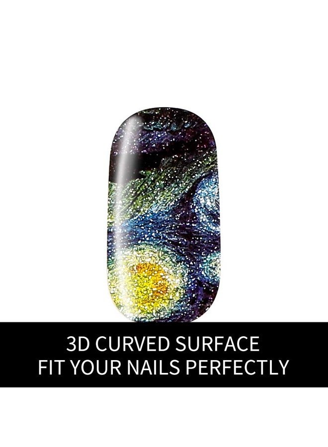 3D Van Gogh'S Starry Night Fullnail Stickers Full Nail Starry Sky Art Gel Nail Polish Sticker Decals Shimmery Glittery Long Lasting Easy To Apply & Remove 2 Sheets(28 Nail Wraps) And 1 Nail File