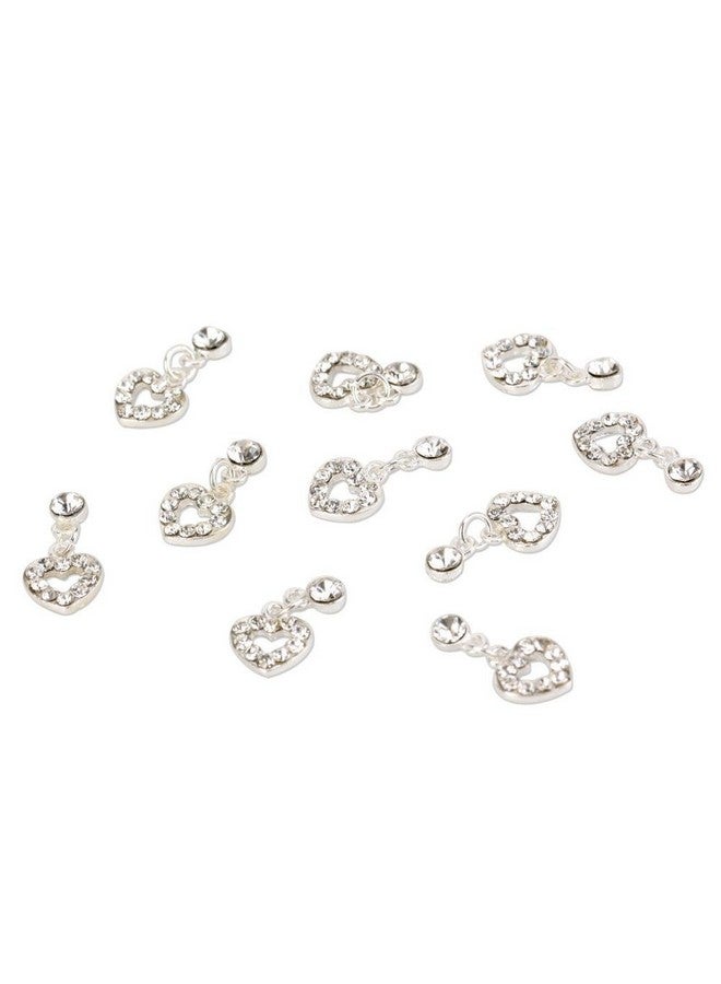 10 Pcs Fashion Nail Charms Silver Dangle Sweet Love Heart 3D Crystal Rhinestone Nail Art Tips Slice Decoration For Women Girls Ladies