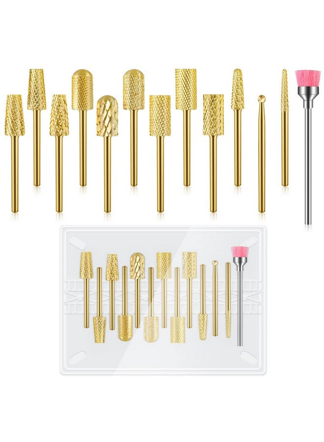 13Pcs Nail Drill Bits Set Tungsten Carbide Drill Bits For Nails Cuticle Nail Drill Bits For Acrylic Nails Remover Bits For Manicure Pedicure Home Salon (Gold)