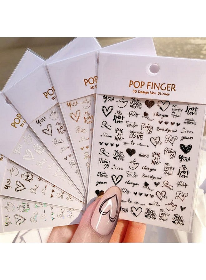 6 Sheets Heart Nail Art Stickers Letters Nail Decals 3D Selfadhesive Valentine'S Day Nail Art Supplies Heart Love English Alphabet Nail Stickers Diy Gold Nail Designs Manicure Decoration For Women