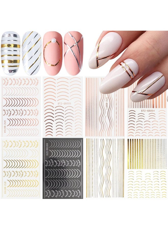 8 Sheets Line Nail Art Stickers Rose Gold Silver Metal Nail Stickers Nail Art Supplies 3D Metallic Curve Stripe Wave Lines Nail Decals French Nail Designs Accessories Striping Tape Wavy Nail Decor