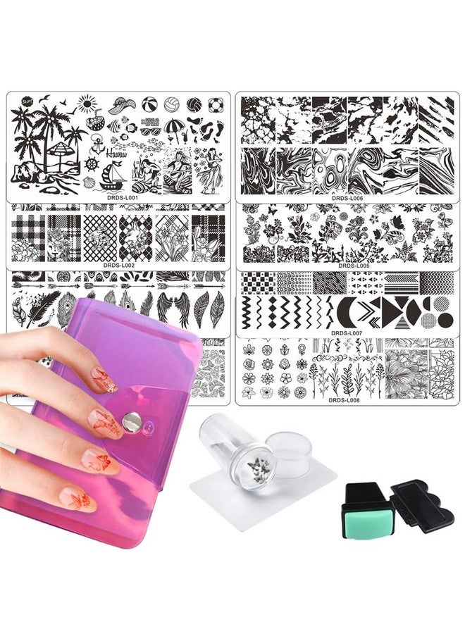 13Pcs Nail Stamp Plates Set 8 Plate 2Stamper 2Scraper 1Storage Bag Nails Art Stamping Plate Scraper Stamper Set Leaves Flowerst Travel Patterns Nail Plate Template Image Plate