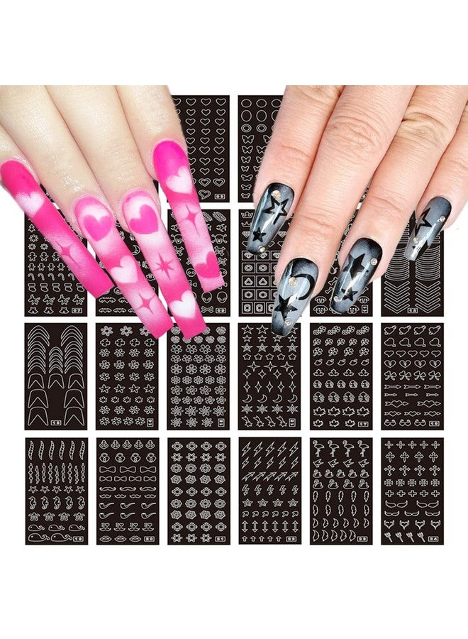 24 Sheets Airbrush Stencils Nail Stickers For Nail Art French Nail Decals Printing Template Stencil Tool Moon Stars Heart Butterfly French Design Hollow (154 Designs)