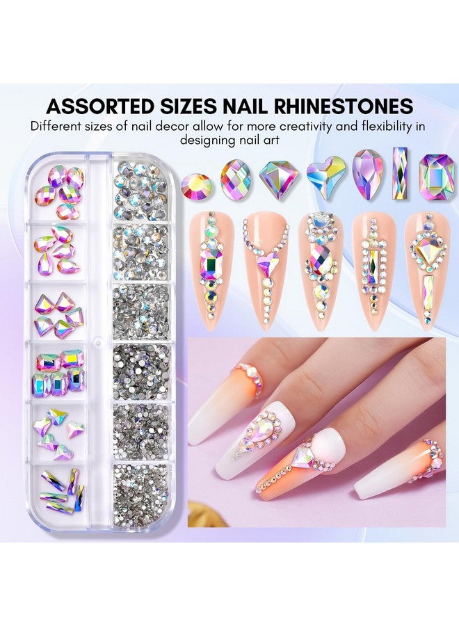 Nail Rhinestone Glue Kit 15Ml Gel Nail Glue With Ab Rhinestone Crystals 3D Nail Art Valentine'S Day Decor Flowers Pearls Dualend Nail Art Brush Tweezer Acrylic Nail Supply For Nail Techs Diy