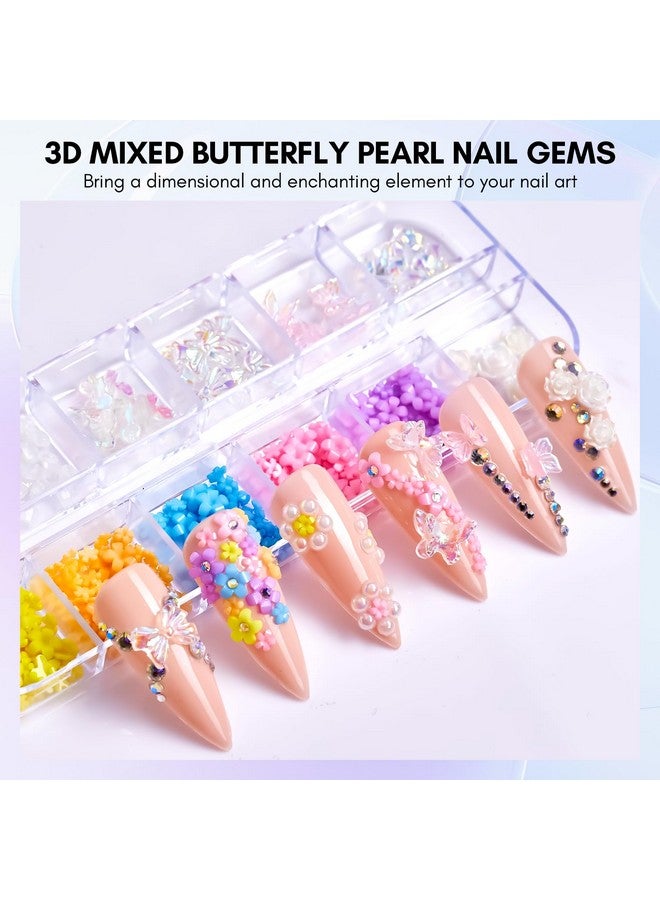 Nail Rhinestone Glue Kit 15Ml Gel Nail Glue With Ab Rhinestone Crystals 3D Nail Art Valentine'S Day Decor Flowers Pearls Dualend Nail Art Brush Tweezer Acrylic Nail Supply For Nail Techs Diy