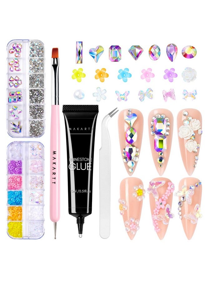 Nail Rhinestone Glue Kit 15Ml Gel Nail Glue With Ab Rhinestone Crystals 3D Nail Art Valentine'S Day Decor Flowers Pearls Dualend Nail Art Brush Tweezer Acrylic Nail Supply For Nail Techs Diy