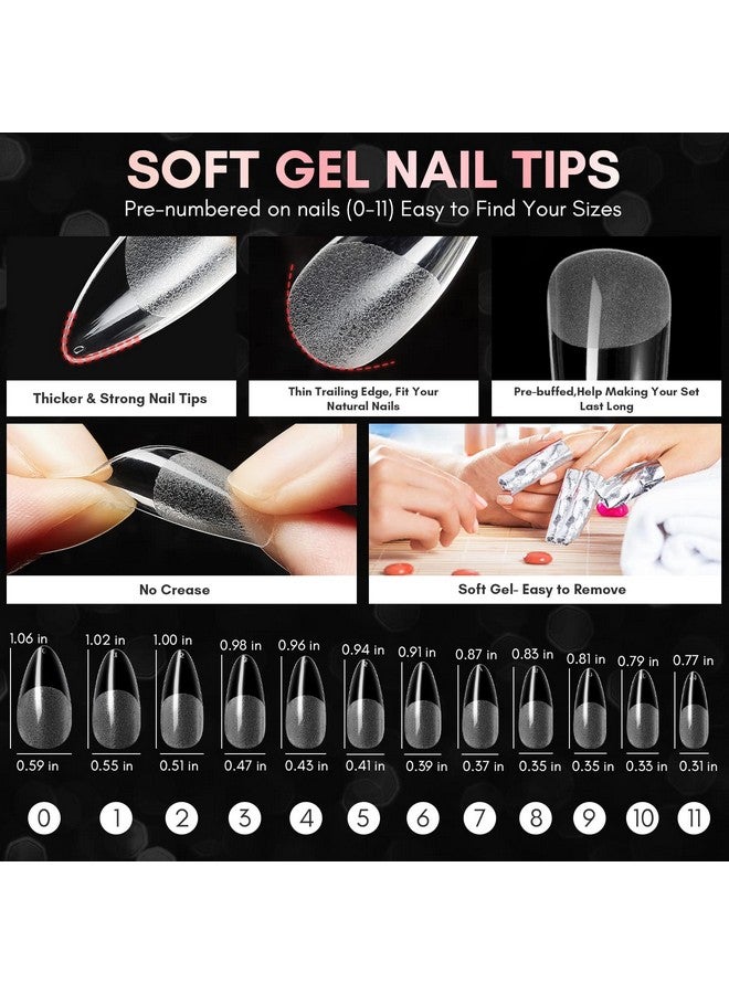 Nail Tips And Glue Gel Kit Solid Nail Glue Gel 15Ml With 500Pcs Almond Medium Prebuffed Soft Gel Nails Tips Full Cover & Portable Mini Nail Lamp And Nail Gel Base Coat Nail Art Diy Manicure