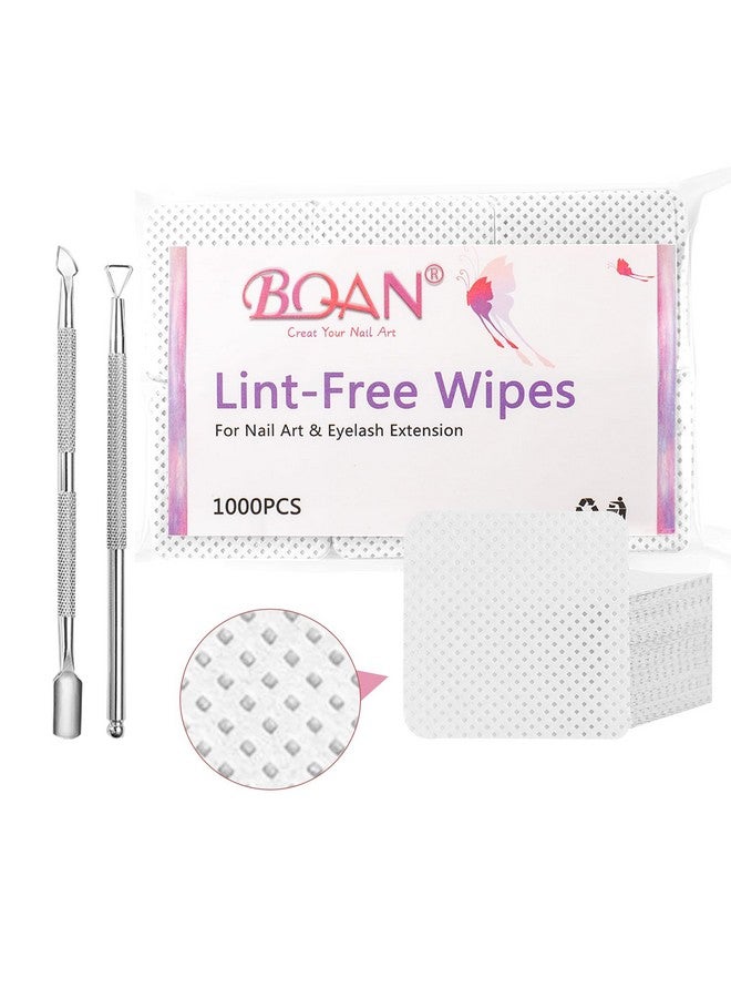 1000 Pcs Lint Free Nail Wipes Bqan Nail Polish Remover Wipes White For Lash Extensions & Gel Nail With 2Pcs Cuticle Pushers