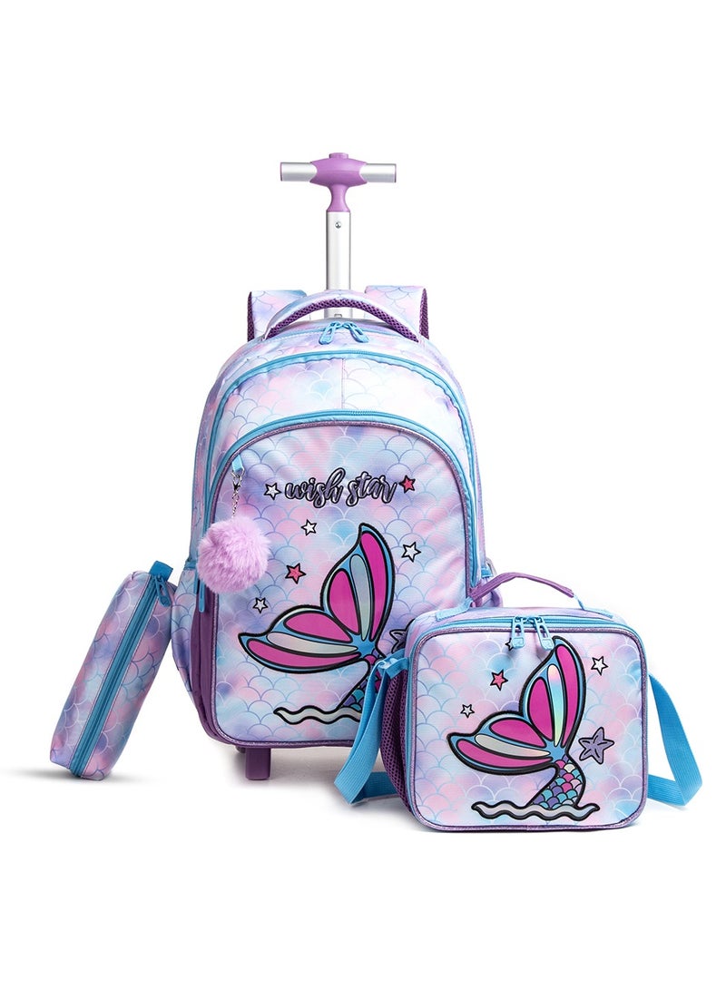 18 Inch Set Of 3 Trolley School Bag With Lunch Bag And Pencil Case Mermaid - Purple