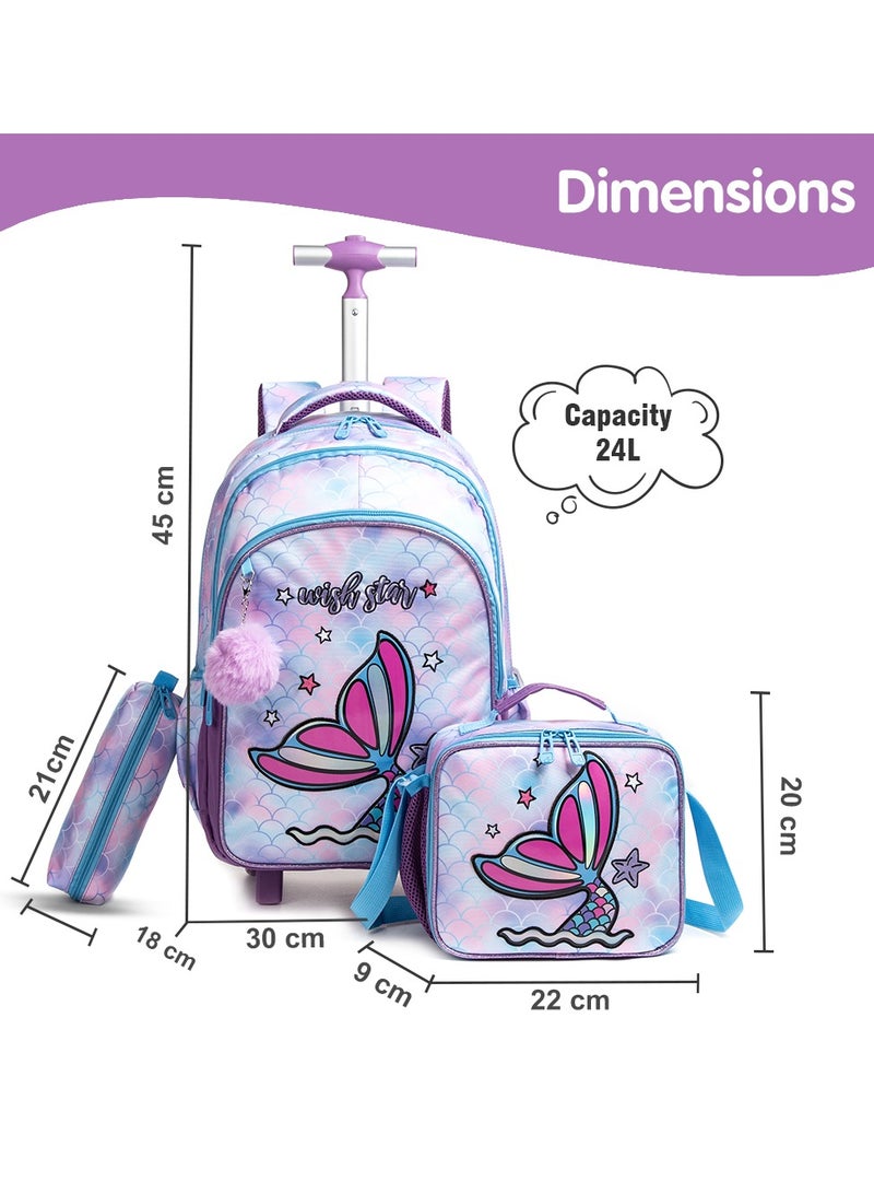 18 Inch Set Of 3 Trolley School Bag With Lunch Bag And Pencil Case Mermaid - Purple