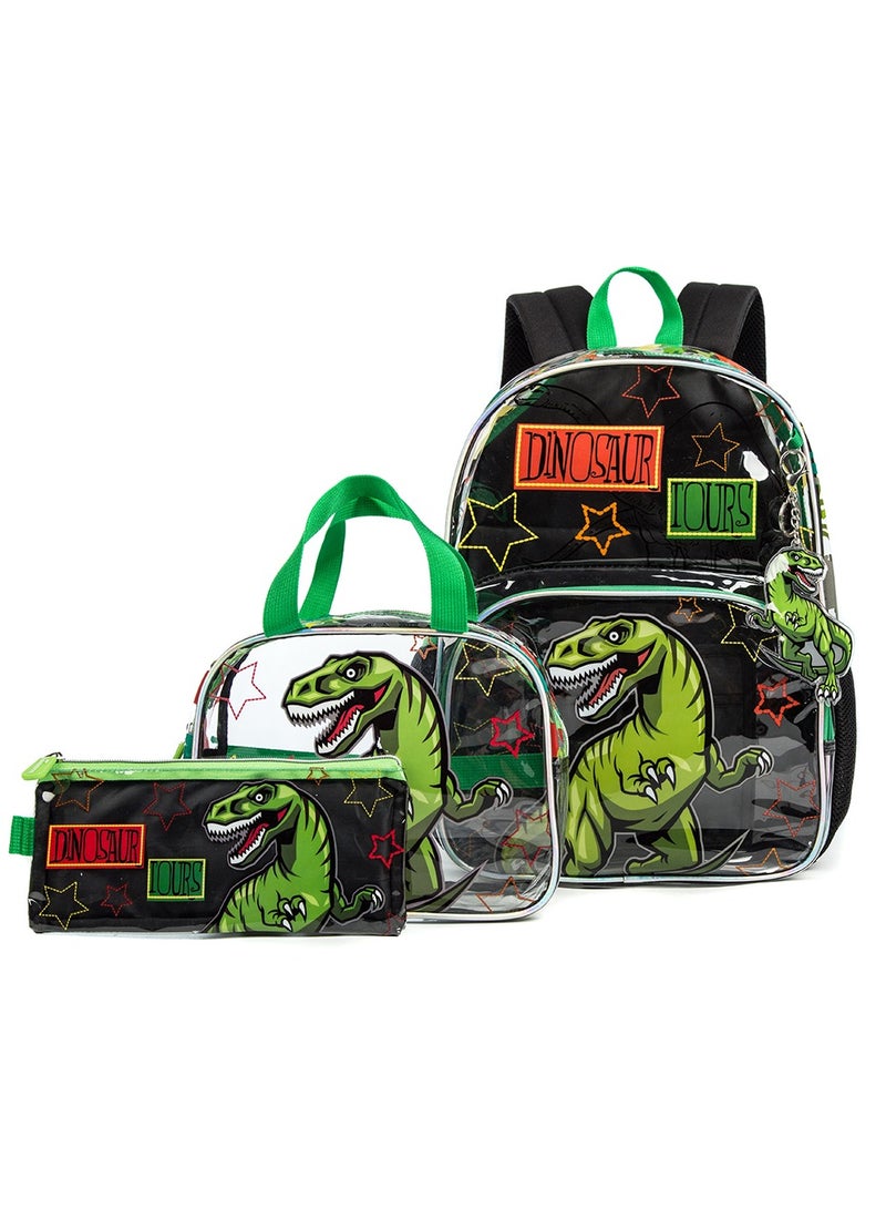 17 Inch Set Of 3 School Bag With Lunch Bag And Pencil Case Dinosaur - Black