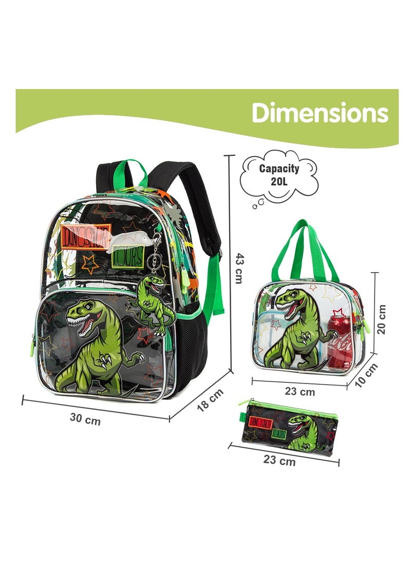 17 Inch Set Of 3 School Bag With Lunch Bag And Pencil Case Dinosaur - Black