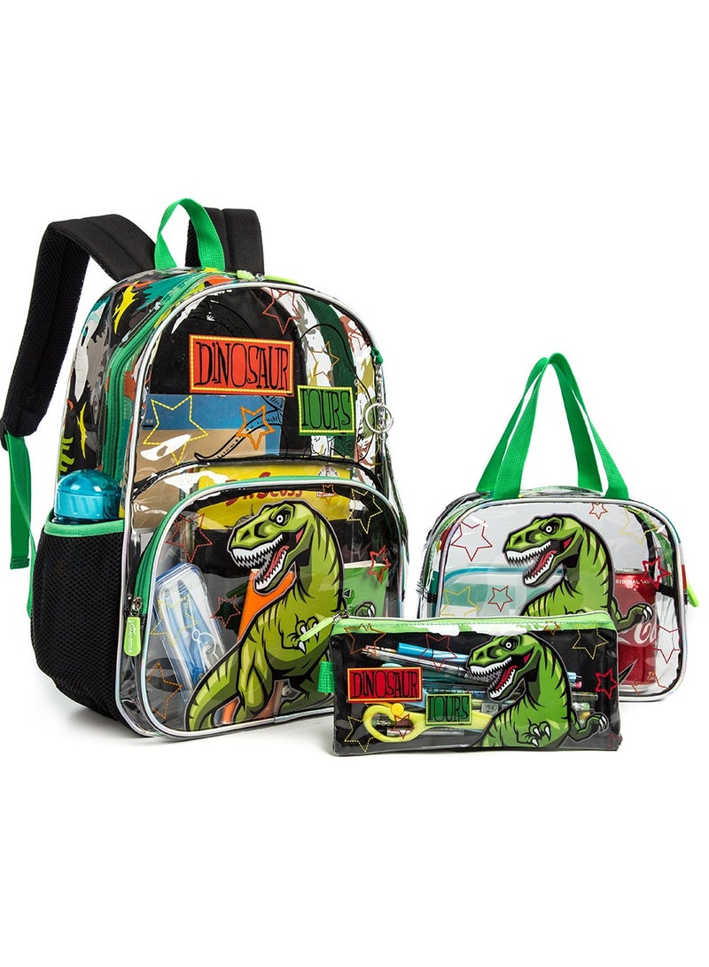 17 Inch Set Of 3 School Bag With Lunch Bag And Pencil Case Dinosaur - Black