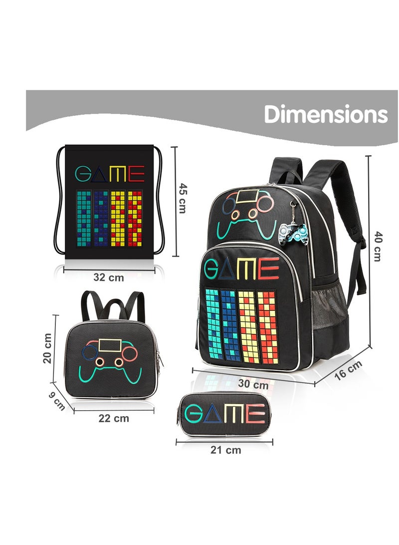 17 Inch Set Of 4 School Bag With Lunch Bag, Activity Bag And Pencil Case Gen Z Gamer - Black