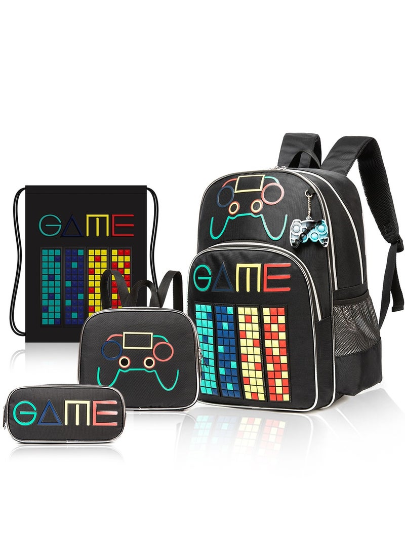 17 Inch Set Of 4 School Bag With Lunch Bag, Activity Bag And Pencil Case Gen Z Gamer - Black