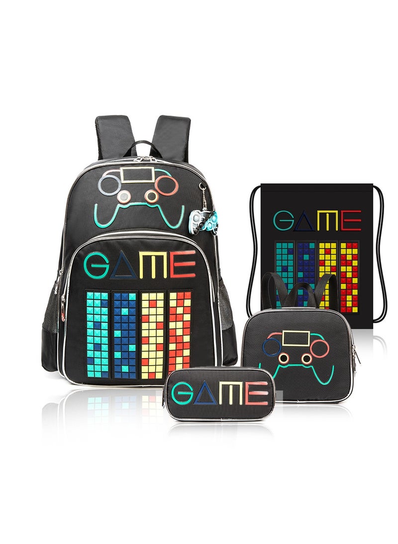 17 Inch Set Of 4 School Bag With Lunch Bag, Activity Bag And Pencil Case Gen Z Gamer - Black