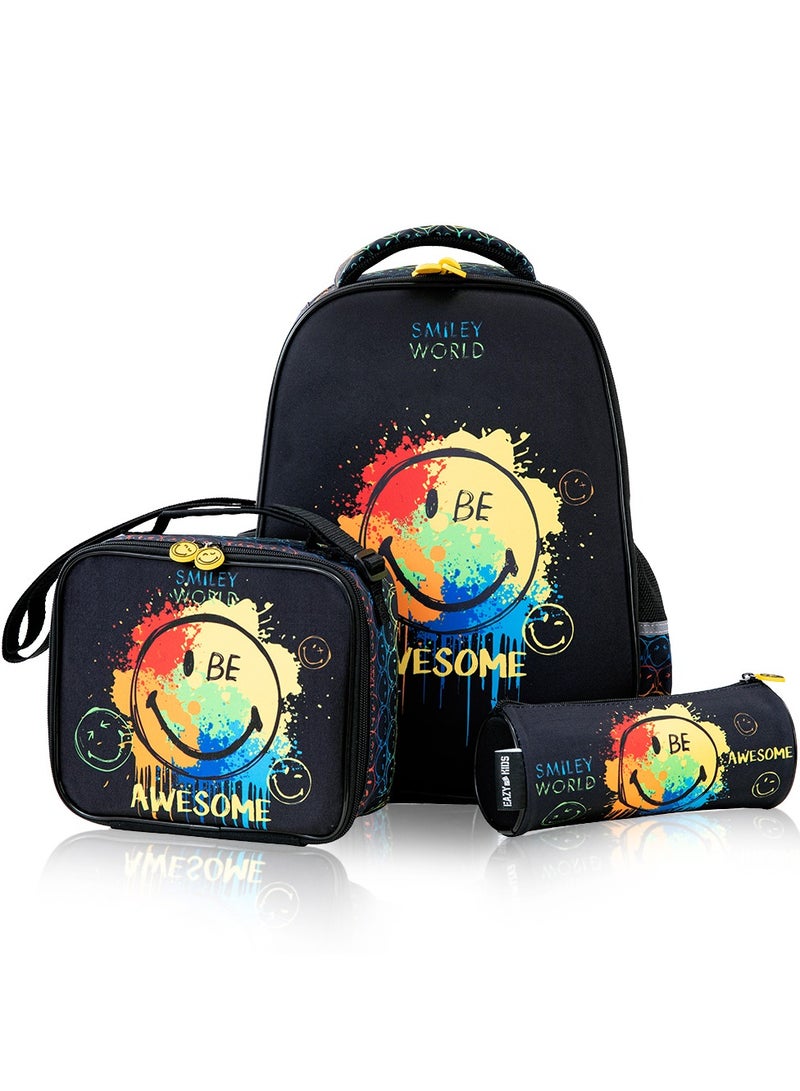 17 Inch Set Of 3 School Bag With Lunch Bag And Pencil Case Awesome - Black