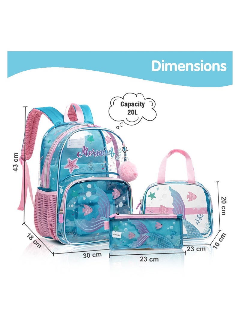 17 Inch Set Of 3 School Bag With Lunch Bag And Pencil Case Mermaid-Blue