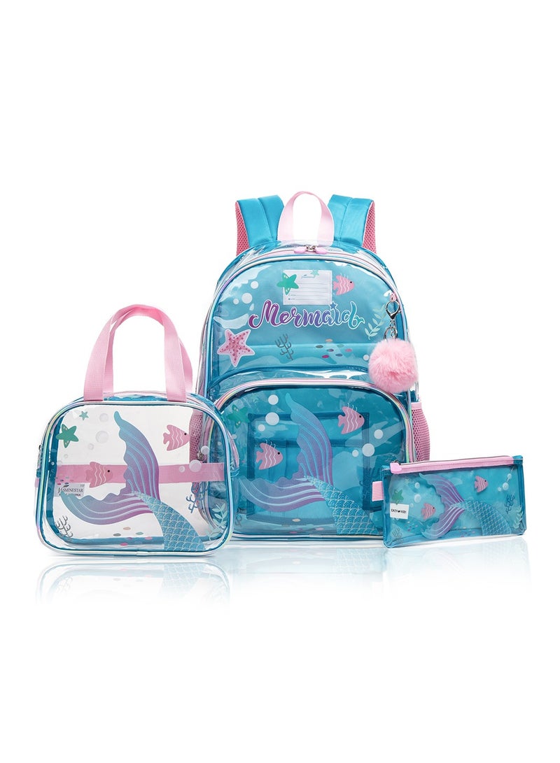 17 Inch Set Of 3 School Bag With Lunch Bag And Pencil Case Mermaid-Blue