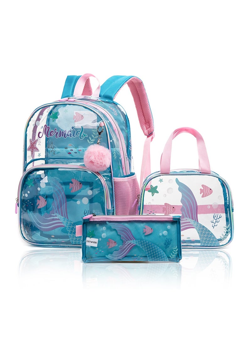 17 Inch Set Of 3 School Bag With Lunch Bag And Pencil Case Mermaid-Blue