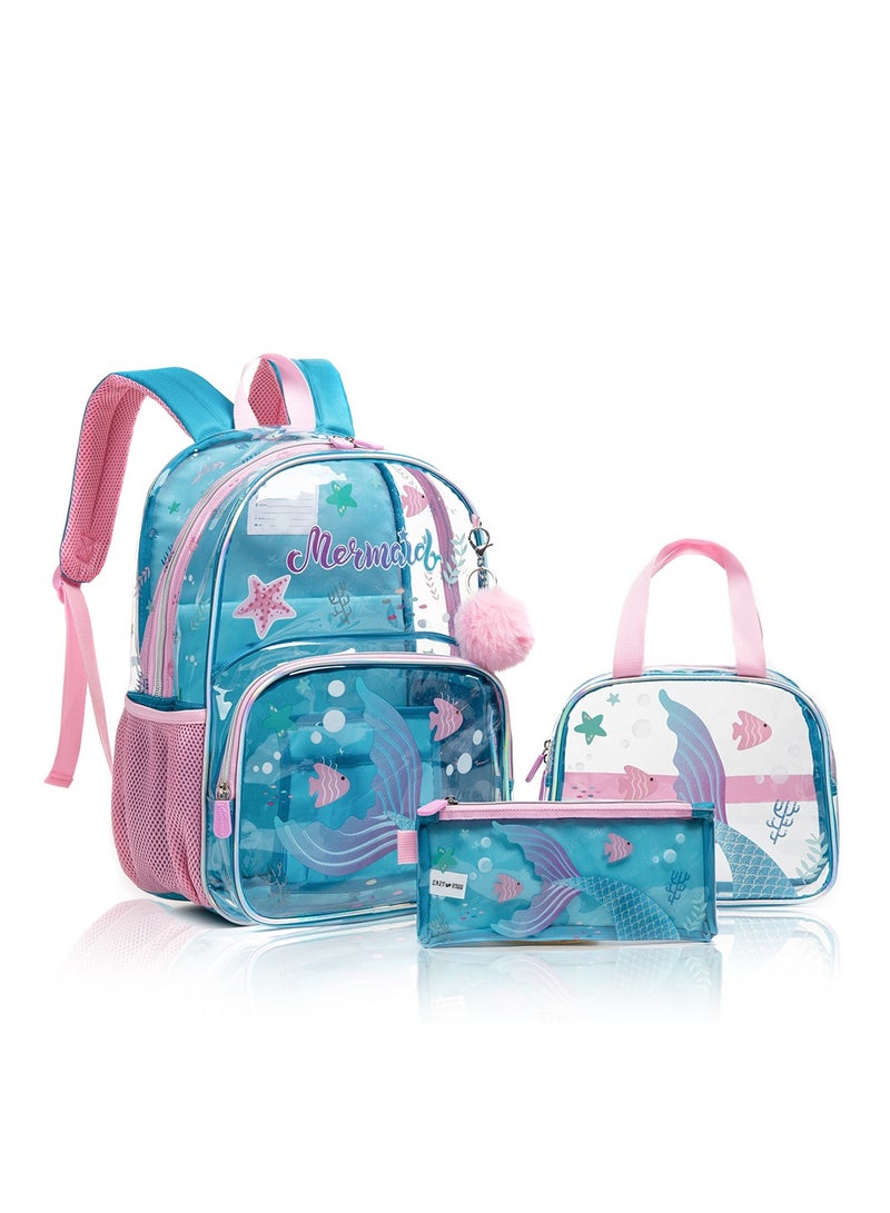 17 Inch Set Of 3 School Bag With Lunch Bag And Pencil Case Mermaid-Blue