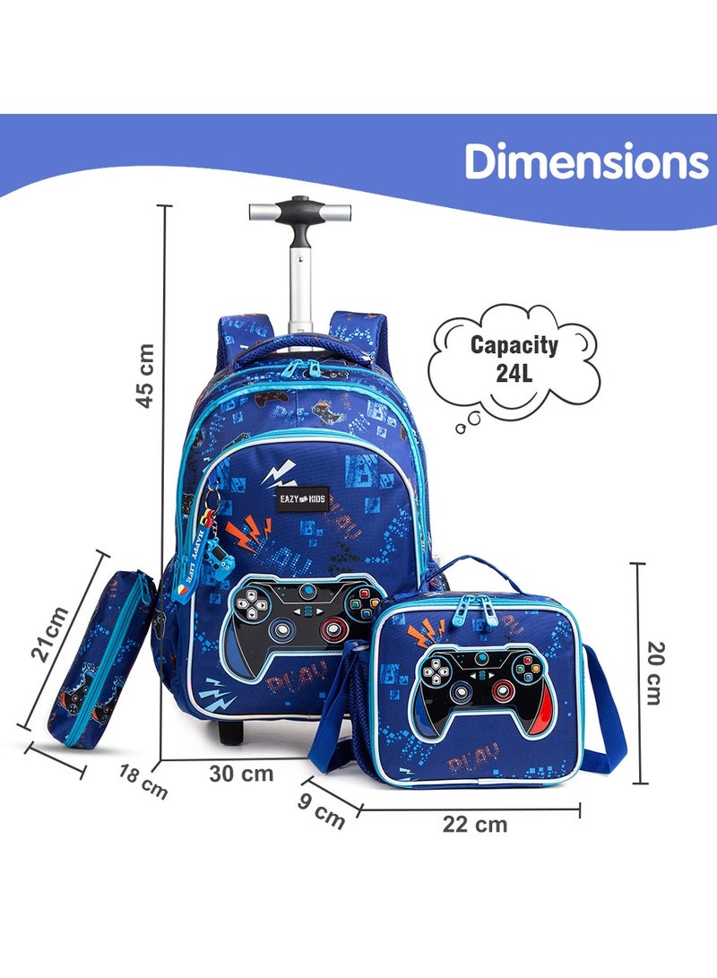 18 Inch Set Of 3 Trolley School Bag With Lunch Bag And Pencil Case Gamer - Blue