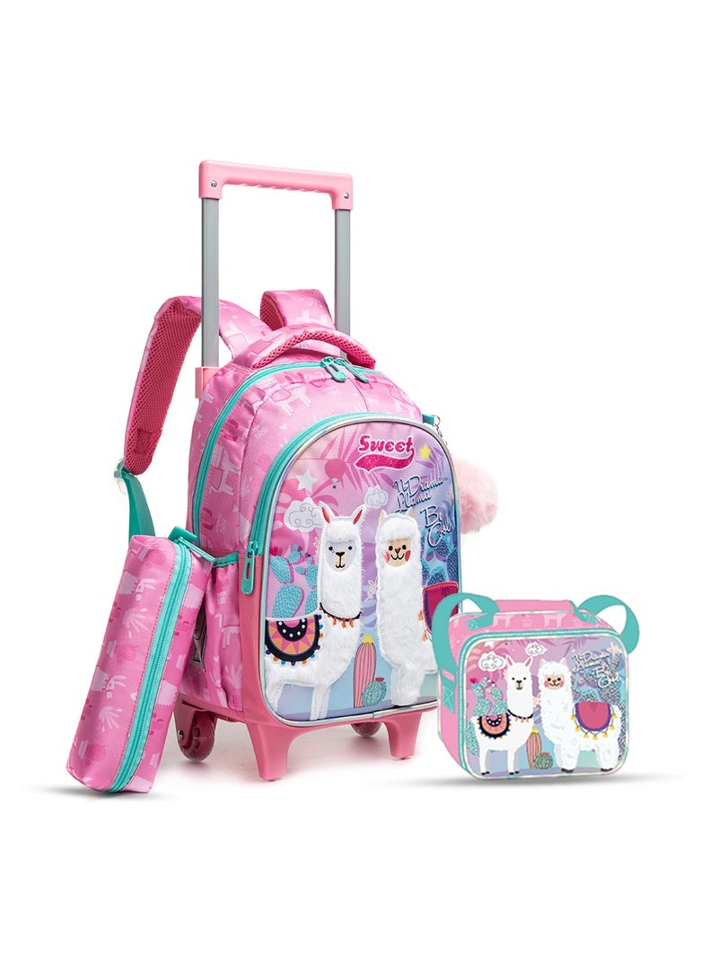 16 Inch Set Of 3 Trolley School Bag With Lunch Bag And Pencil Case Lama - Pink