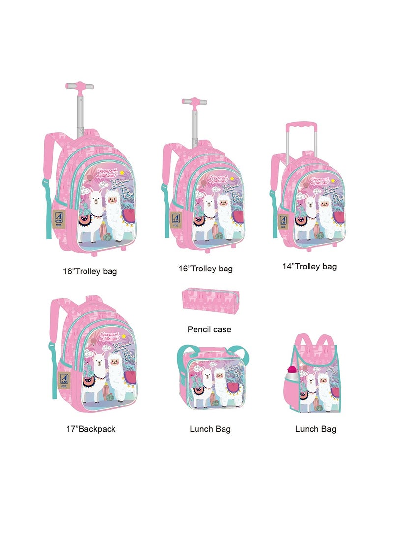 16 Inch Set Of 3 Trolley School Bag With Lunch Bag And Pencil Case Lama - Pink