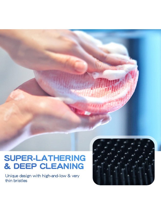 Soft Silicone Shower Brush Superlathering And Deepcleaning Body & Face Scrubber Gentle Exfoliating Bath Glove For All Skin Types With 2 Free Hooks.(Black + Pink)