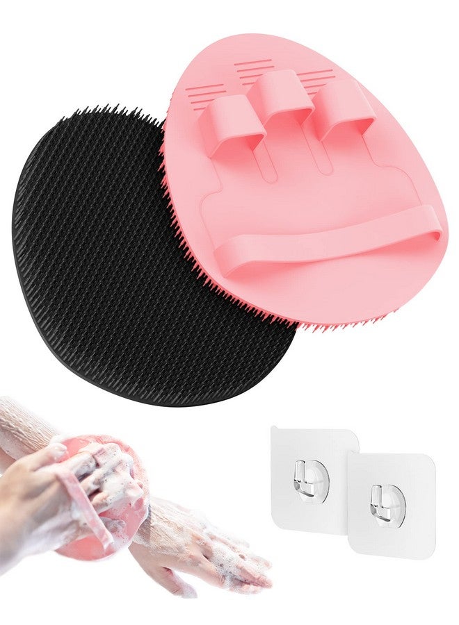 Soft Silicone Shower Brush Superlathering And Deepcleaning Body & Face Scrubber Gentle Exfoliating Bath Glove For All Skin Types With 2 Free Hooks.(Black + Pink)