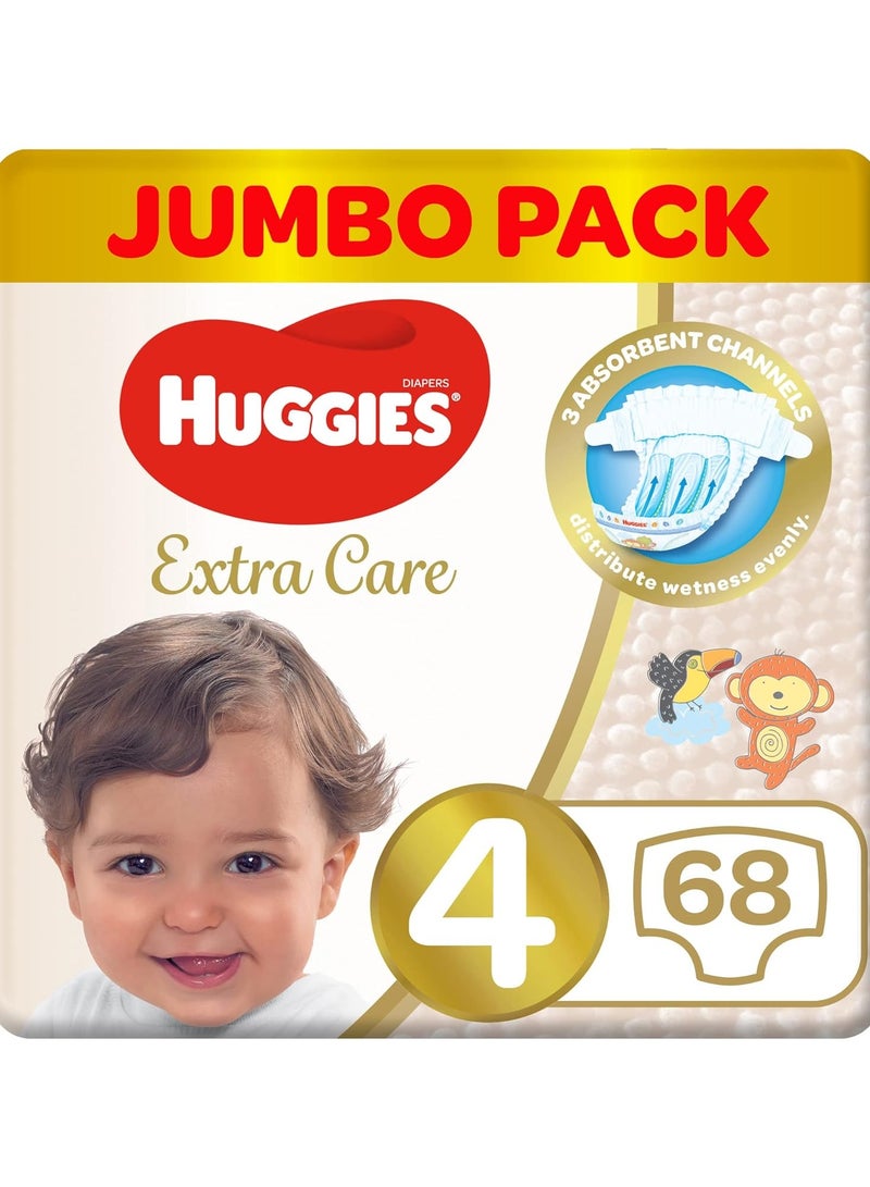 Huggies Extra Care, Size 4, 8 -14 kg, Jumbo Pack, 68 Diapers