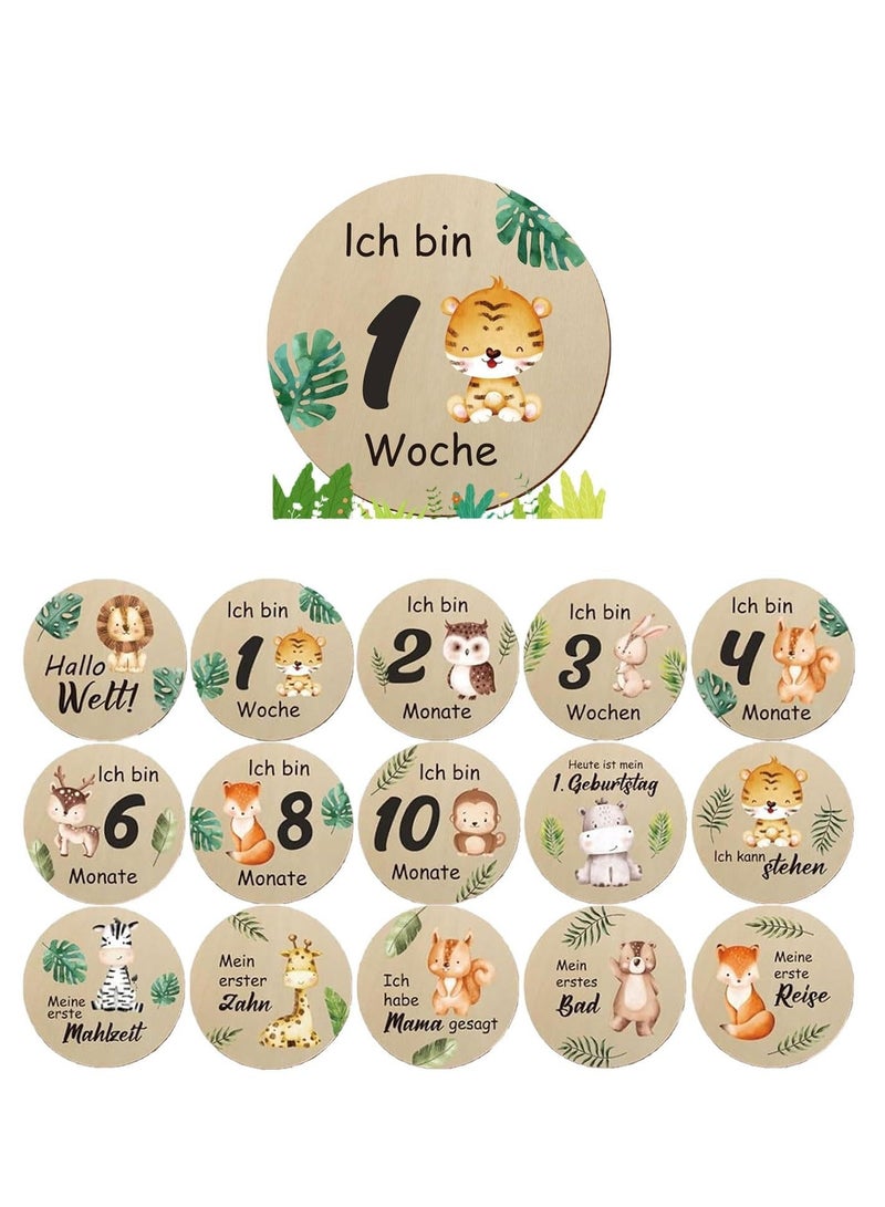 Monthly Milestone Photo Cards For Baby's First Year 15 Pieces Wooden Newborn Welcome Discs Sign Double Sided Photo Prop With Stand Exquisite Animal Pattern Pregnancy Journey Milestone Markers