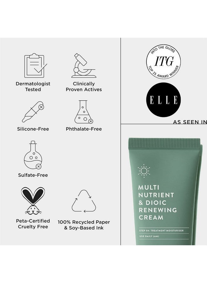 Multi Nutrient & Dioic Renewing Cream Moisturizer With Dioic Acid 14 Antioxidants Probiotics & Centella Asiatica. Targets Imperfections Brightens & Protects Skin 1.7 Oz / 50 Ml