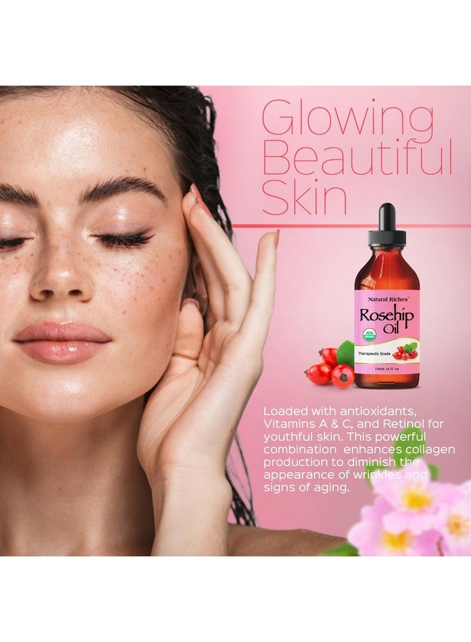 Organic Rosehip Seed Oil For Face 100% Pure Natural Cold Pressed Unrefined Nongmo Carrier Oil For Skin Hair & Nails. 4 Fl Oz.