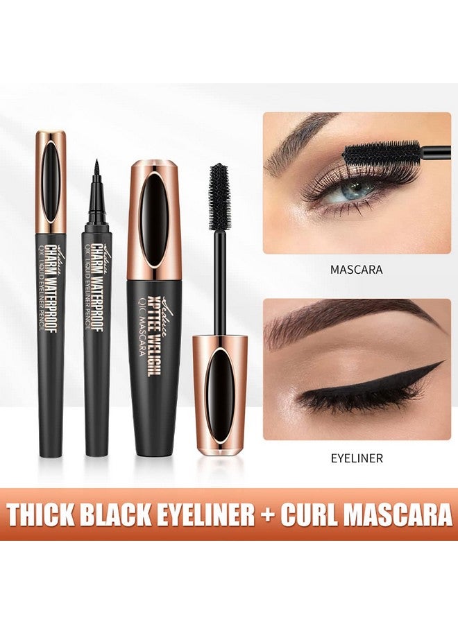4D Silk Fiber Lash Mascara & Eyeliner Pen Extension Voluminous Fiber Mascara Waterproof & Smudgeproof Eyeliner Longlasting No Flaking Natural No Clumping All Day Exquisitely Full