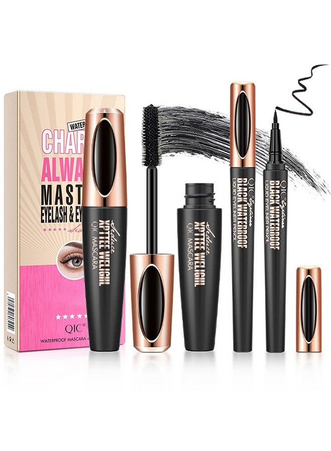 4D Silk Fiber Lash Mascara & Eyeliner Pen Extension Voluminous Fiber Mascara Waterproof & Smudgeproof Eyeliner Longlasting No Flaking Natural No Clumping All Day Exquisitely Full