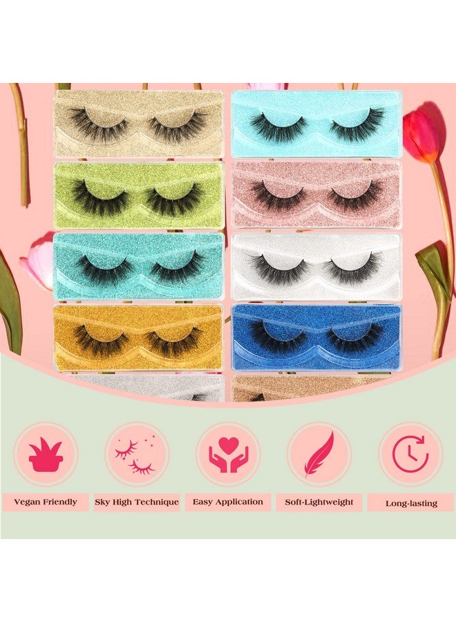 False Eyelashes 15Mm Wispy Lashes Natural Look 3D Faux Mink Lashes Pack 10 Pairs 10 Styles Soft Small Short Sky High Fake Eyelashes Bulk With Glitter Portable Boxes