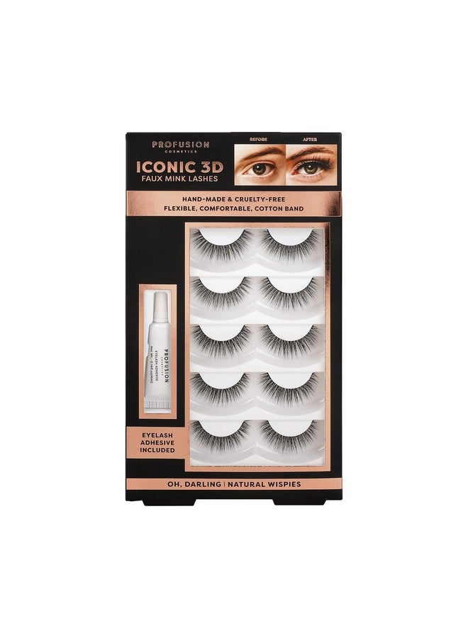 Iconic 3D Faux Mink Lash Set Of 5 With Adhesive Cat Eye Lash Wispies Fluffy False Lashes 5 Pairs Soft Reusable Eyelashes Lightweight Natural Wispies